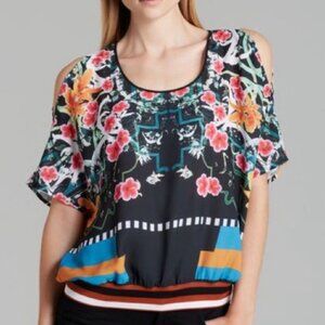 Clover Canyon Cuba Scarf Blouse Cold Shoulder Size Medium USA Made Cut Out Top M